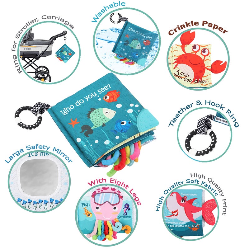 Bebe Mondo Fish Baby Books Toys, Touch Feel Cloth Crinkle Books for Babies,Baby Infant Toys 0-6, 6-12, 12-18 Months,Early Learning Education Toys,Shower Baby Gifts for Boys Girls,Teething,Mirror,Shark Ocean Book - Image 4