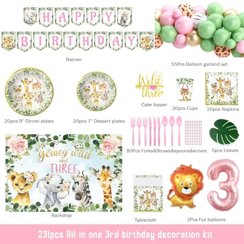Fiesec Young Wild and Three Party Decorations Girl Safari 3rd Birthday Supplies Jungle Animal Themed 3 Year Old Party Supplies Tableware Set With Backdrop Balloon Banner Cutlery Straw Serves 20 - Image 5