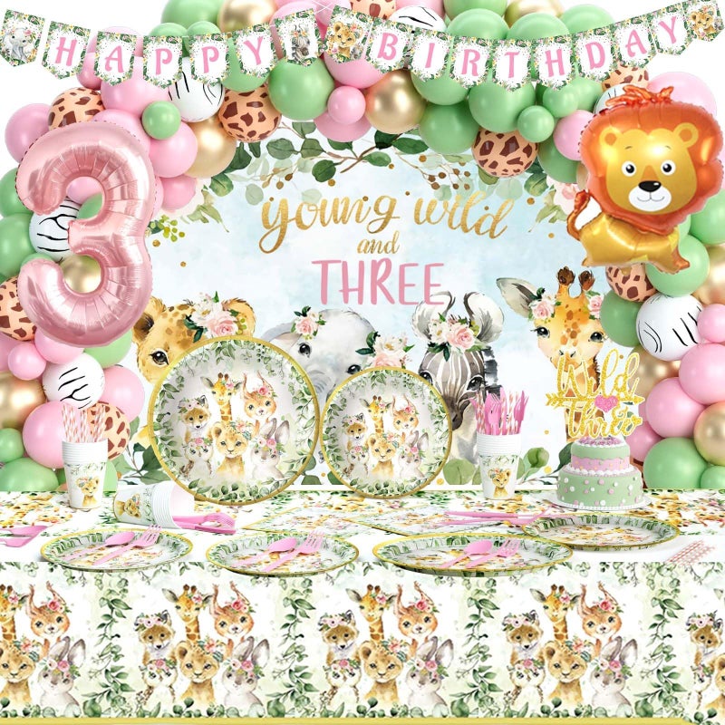 Fiesec Young Wild and Three Party Decorations Girl Safari 3rd Birthday Supplies Jungle Animal Themed 3 Year Old Party Supplies Tableware Set With Backdrop Balloon Banner Cutlery Straw Serves 20 - Image 3