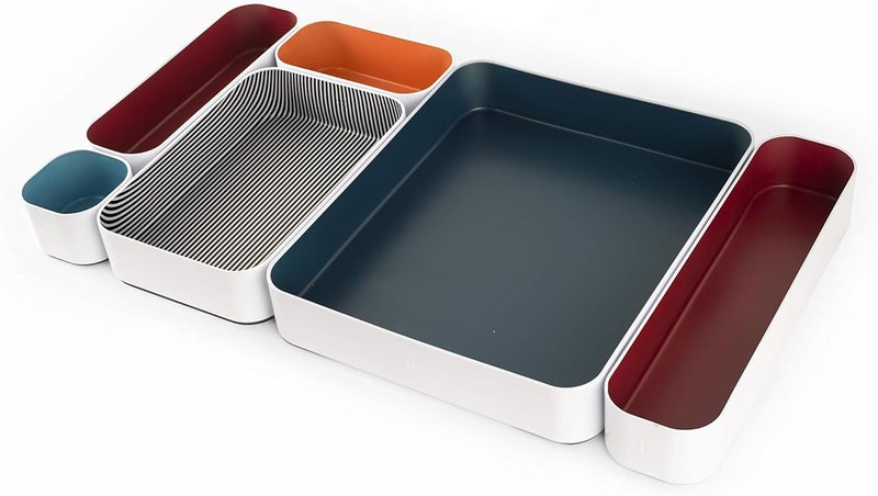 Three by Three Seattle 6 Piece Metal Organizer Tray Set for Storing Makeup Stationery Utensils and More in Office Desk Kitchen and Bathroom Drawers 2 Inch Berry Sunset Blue Stripes
