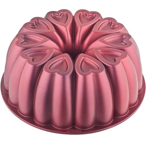 MIENCA Heart Shape Cast Aluminum Molded Cake Pan, Titanium Coating, Non-Stick, 12 Cups, Heavy Duty, 10 Inch Pound Pan intended for Bundt Cakes, Gifts for Mom, Fluted Tube Pan, Easy to Clean (Red) - Image 1