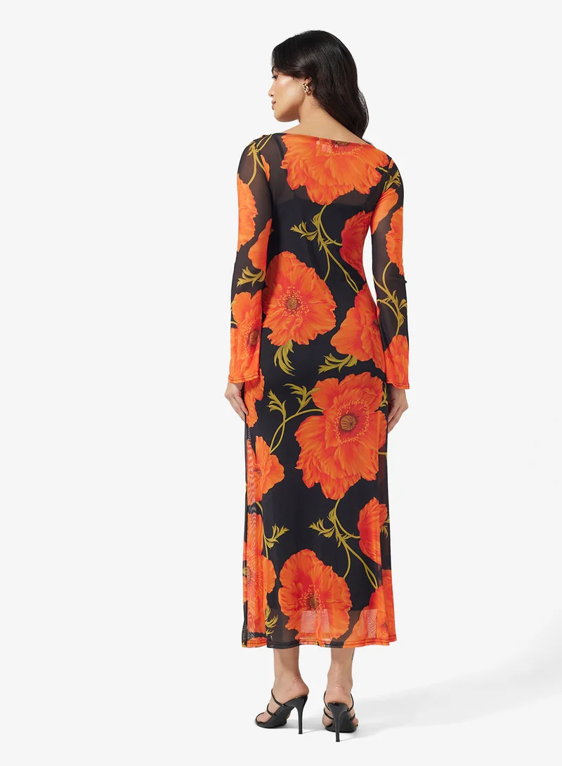 نيفر فولي دريسد Floral Print Mesh Detail Maxi Dress