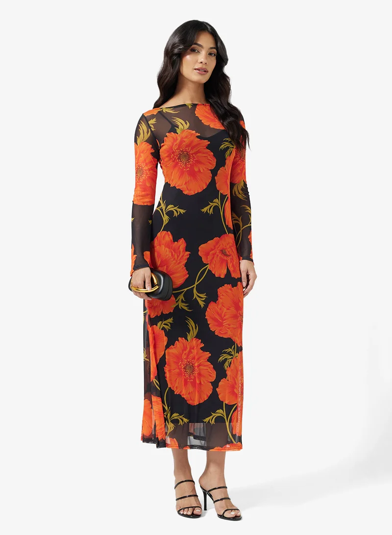 نيفر فولي دريسد Floral Print Mesh Detail Maxi Dress