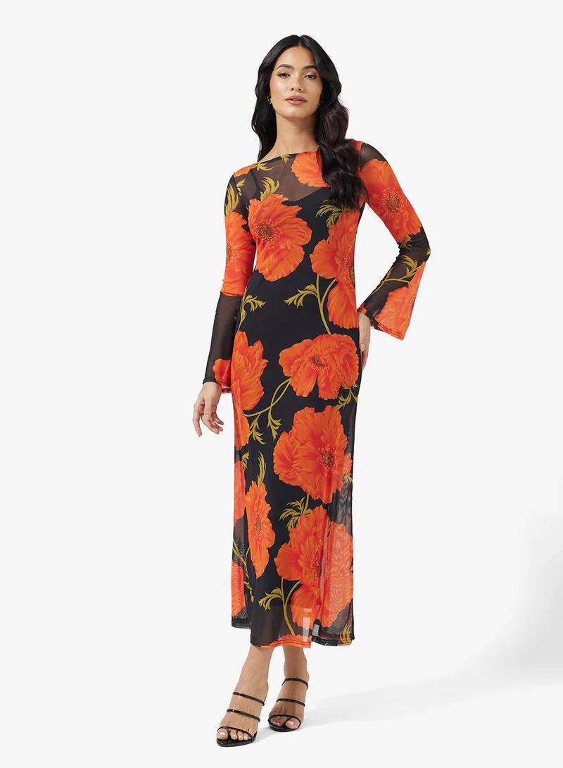 نيفر فولي دريسد Floral Print Mesh Detail Maxi Dress