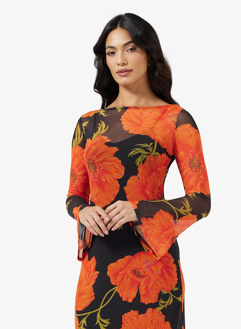 نيفر فولي دريسد Floral Print Mesh Detail Maxi Dress