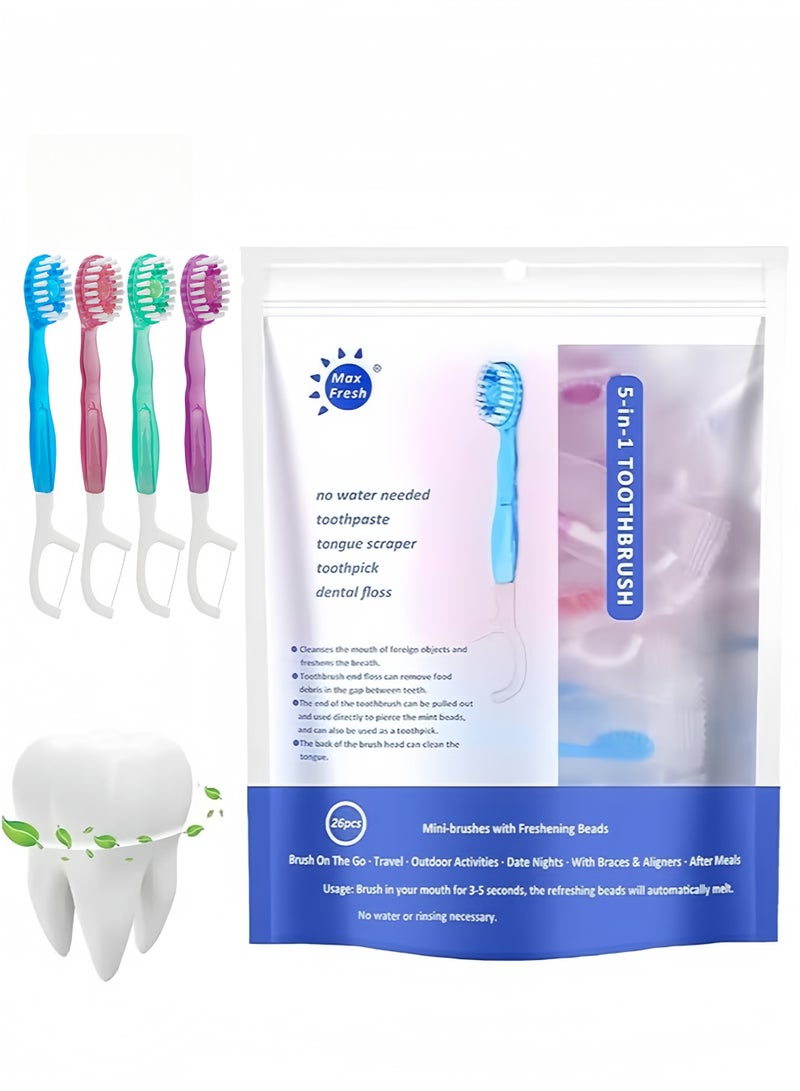 منت مجموعة فرشاة أسنان صغيرة وصناديق خيط تنظيف الأسنان وكاشطة لسان وعود الأسنان 5 في 1، فرش أسنان صغيرة قابلة للاستخدام مرة واحدة مع كرات فورية، بدون الحاجة لمعجون الأسنان، مريحة وسهلة الحمل، تنظف الفم وتنعش النفس، 26 قطعة (نكهات مختلطة) - Image 1