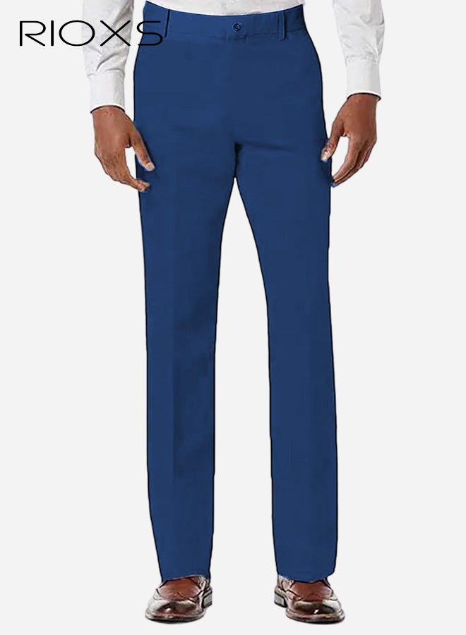 ريوكس بنطلونات رجالية رسمية، بنطلونات رجالية كلاسيكية غير رسمية، بنطلونات رجالية مريحة وخالية من التجاعيد مع جيوب، بنطلونات رسمية مريحة ومطاطية مع طيات في الأمام للعمل والاجتماعات والمواعيد الغرامية وحفلات التخرج والزفاف وغيرها، باللون الأزرق - Image 1