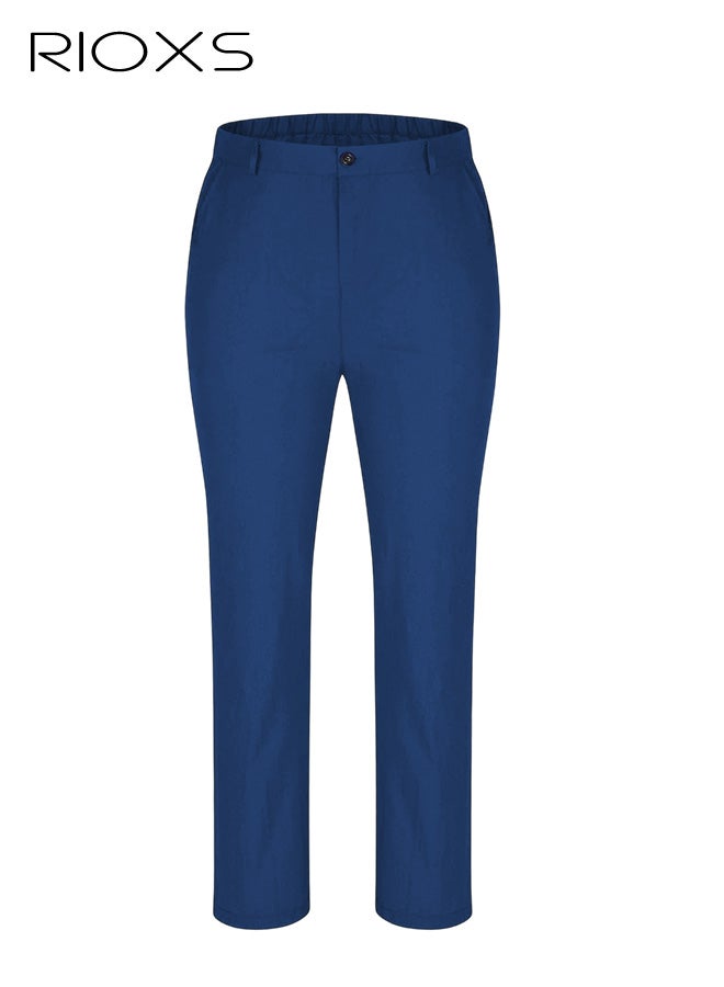 ريوكس بنطلونات رجالية رسمية، بنطلونات رجالية كلاسيكية غير رسمية، بنطلونات رجالية مريحة وخالية من التجاعيد مع جيوب، بنطلونات رسمية مريحة ومطاطية مع طيات في الأمام للعمل والاجتماعات والمواعيد الغرامية وحفلات التخرج والزفاف وغيرها، باللون الأزرق - Image 3