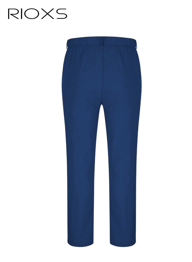 ريوكس بنطلونات رجالية رسمية، بنطلونات رجالية كلاسيكية غير رسمية، بنطلونات رجالية مريحة وخالية من التجاعيد مع جيوب، بنطلونات رسمية مريحة ومطاطية مع طيات في الأمام للعمل والاجتماعات والمواعيد الغرامية وحفلات التخرج والزفاف وغيرها، باللون الأزرق - Image 4