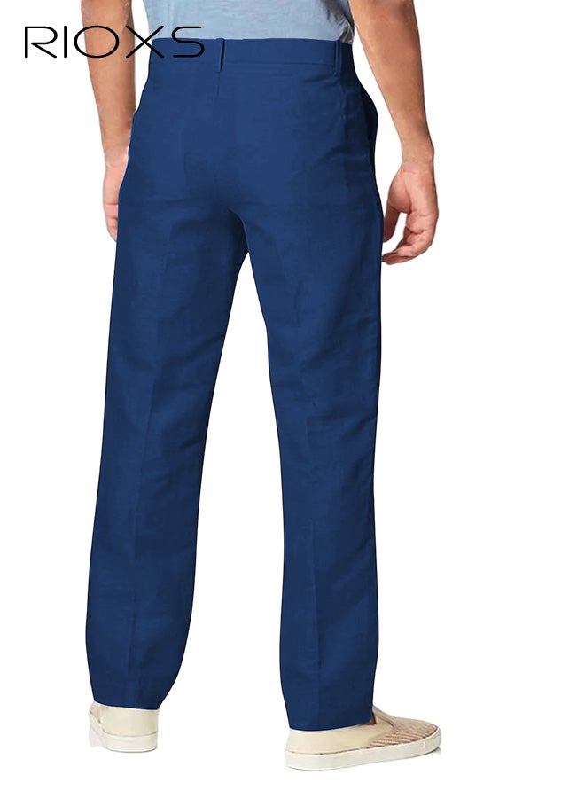 ريوكس بنطلونات رجالية رسمية، بنطلونات رجالية كلاسيكية غير رسمية، بنطلونات رجالية مريحة وخالية من التجاعيد مع جيوب، بنطلونات رسمية مريحة ومطاطية مع طيات في الأمام للعمل والاجتماعات والمواعيد الغرامية وحفلات التخرج والزفاف وغيرها، باللون الأزرق - Image 2