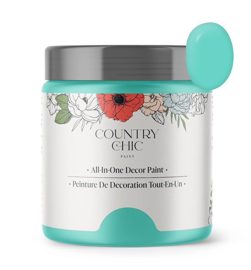 Country Chic Paint طلاء الطباشير الشامل بأسلوب ريفي للأثاث والخزائن وديكور المنزل، صديق للبيئة، تشطيب غير لامع، مع برايمر وطبقة علوية مدمجة للخشب والمعادن - كوكتيل استوائي (تركواز) - علبة 16 أونصة (475 مل) - Image 1