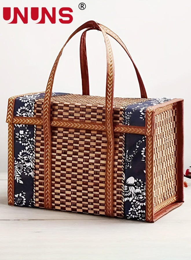 UNUNS 1pc Weave Picnic Baskets,Food Storage Basket,Wicker Baskets Woven Picnic Basket,Vintage Hand Woven Basket With Handle,Multipurpose Flip Top Gift Box for Camping, Veg Picking,Outdoor Picnic,50x35x25cm - Image 1