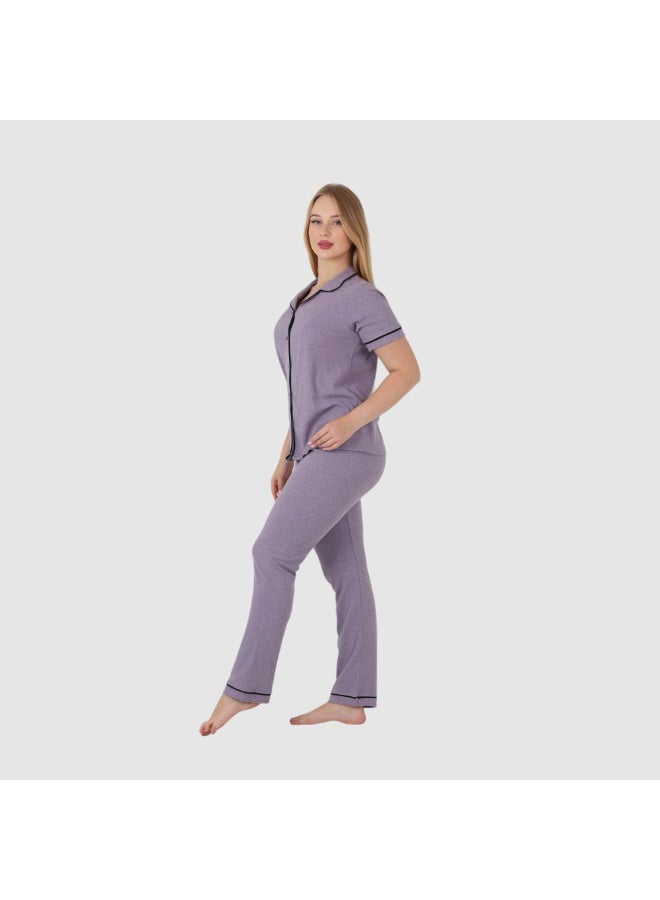 ZECOTEX Premium Cotton Pajama Set - Button-Down Short Sleeve Top & Pants - Classic Loungewear with Piping - Purple Heather / Lavender - Image 5