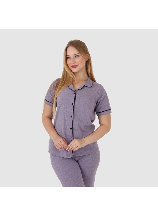 ZECOTEX Premium Cotton Pajama Set - Button-Down Short Sleeve Top & Pants - Classic Loungewear with Piping - Purple Heather / Lavender - Image 4