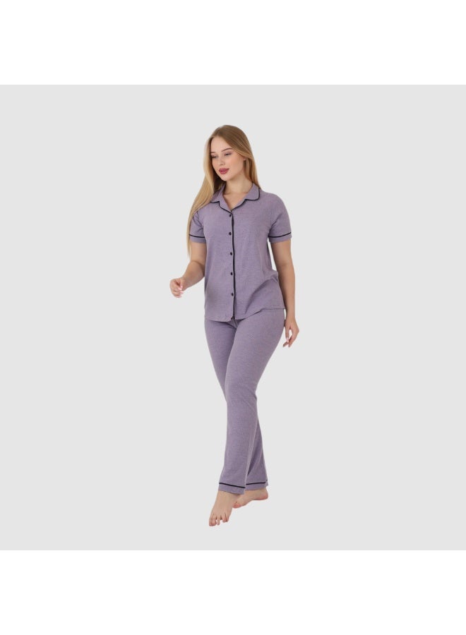 ZECOTEX Premium Cotton Pajama Set - Button-Down Short Sleeve Top & Pants - Classic Loungewear with Piping - Purple Heather / Lavender - Image 2