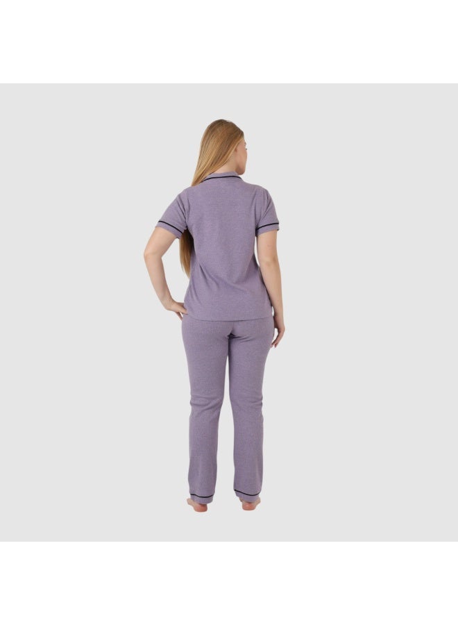 ZECOTEX Premium Cotton Pajama Set - Button-Down Short Sleeve Top & Pants - Classic Loungewear with Piping - Purple Heather / Lavender - Image 3