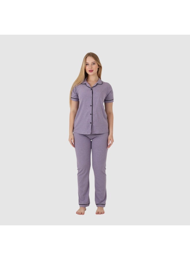 ZECOTEX Premium Cotton Pajama Set - Button-Down Short Sleeve Top & Pants - Classic Loungewear with Piping - Purple Heather / Lavender - Image 1
