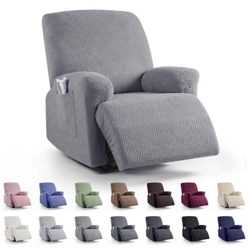 KinCam Recliner Covers Stretch Reclining Chair Covers Recliner Sofa Slipcovers Stripe Jacquard Recliner Couch Covers Furniture Protector Covers for Pet Kid 1 Seater Light Gray