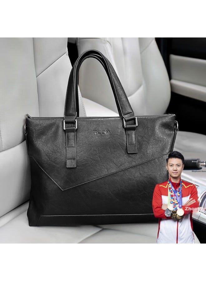 Cow Men's Business Briefcase Men's Handbag Horizontal Handbag C-8610 Black Large Bag 14 Inches - Image 1