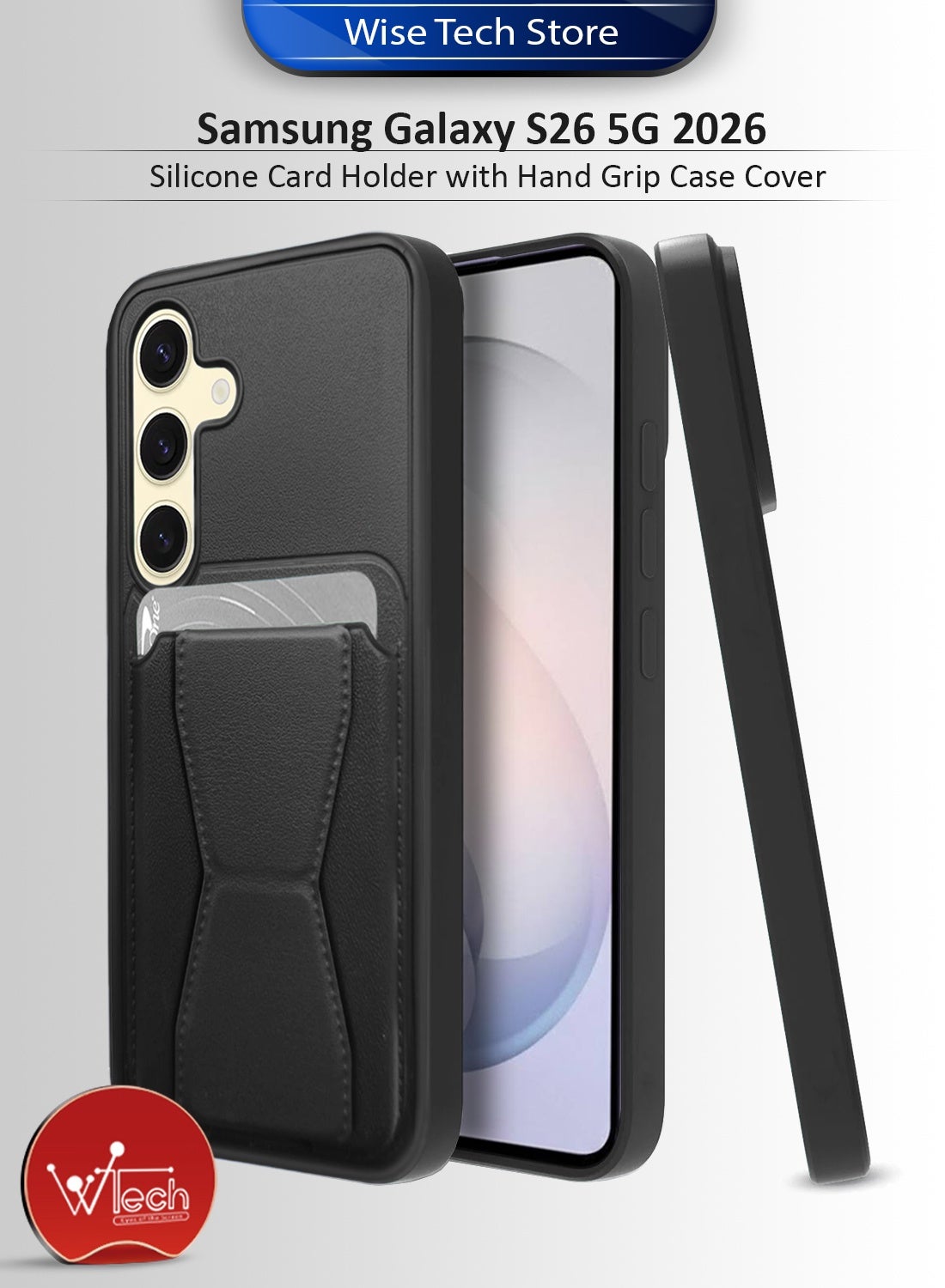 Wtech Samsung Galaxy S26 5G 2026 Silicone TPU Card Holder with Hand Grip Case Cover (MCHPSN) - Black
