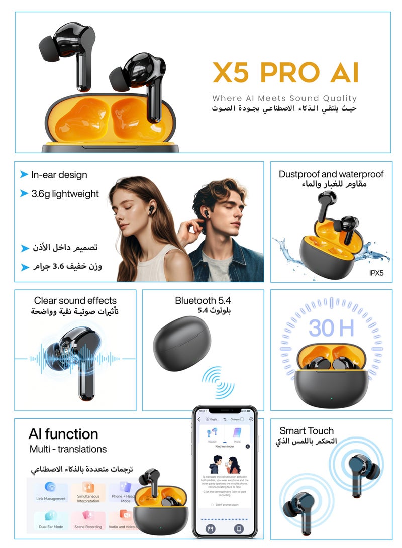 G-TAB X5 Pro AI Bluetooth Earbuds with AI Noise Cancellation & Live Translation 40H Long Battery life Touch Control ,AI Clear Calls, In-Ear Wireless Earphones — Black - Image 4