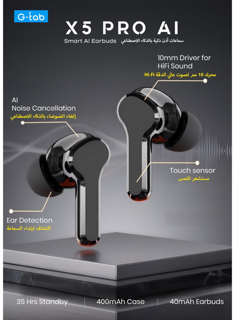 G-TAB X5 Pro AI Bluetooth Earbuds with AI Noise Cancellation & Live Translation 40H Long Battery life Touch Control ,AI Clear Calls, In-Ear Wireless Earphones — Black - Image 2