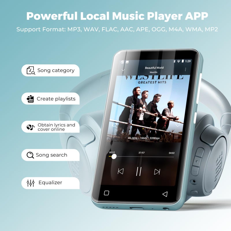 innioasis مشغل MP3 بسعة 160 جيجابايت مع بلوتوث وواي فاي، مشغل MP3 MP4 من innioasis للأطفال مع سبوتيفاي، أمازون ميوزيك، أوديبل، ليبي، مشغل موسيقى يعمل بنظام أندرويد بشاشة تعمل باللمس 4.0" مع مكبر صوت، يدعم حتى 1 تيرابايت (أزرق جليدي)  - Image 4