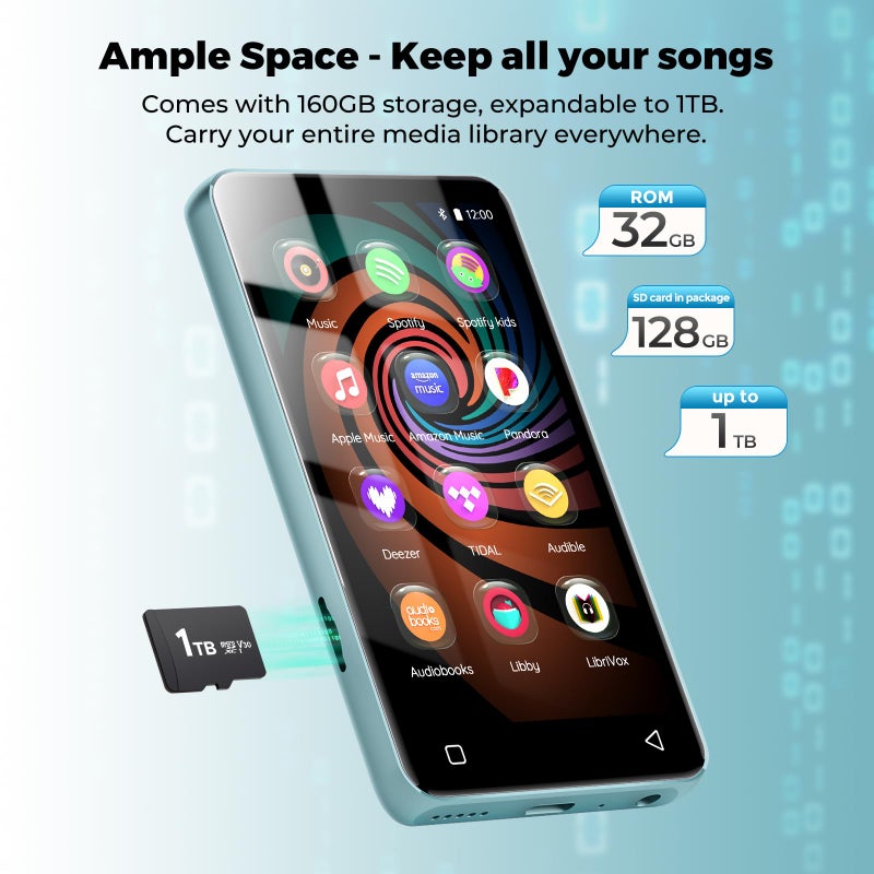 innioasis مشغل MP3 بسعة 160 جيجابايت مع بلوتوث وواي فاي، مشغل MP3 MP4 من innioasis للأطفال مع سبوتيفاي، أمازون ميوزيك، أوديبل، ليبي، مشغل موسيقى يعمل بنظام أندرويد بشاشة تعمل باللمس 4.0" مع مكبر صوت، يدعم حتى 1 تيرابايت (أزرق جليدي)  - Image 5