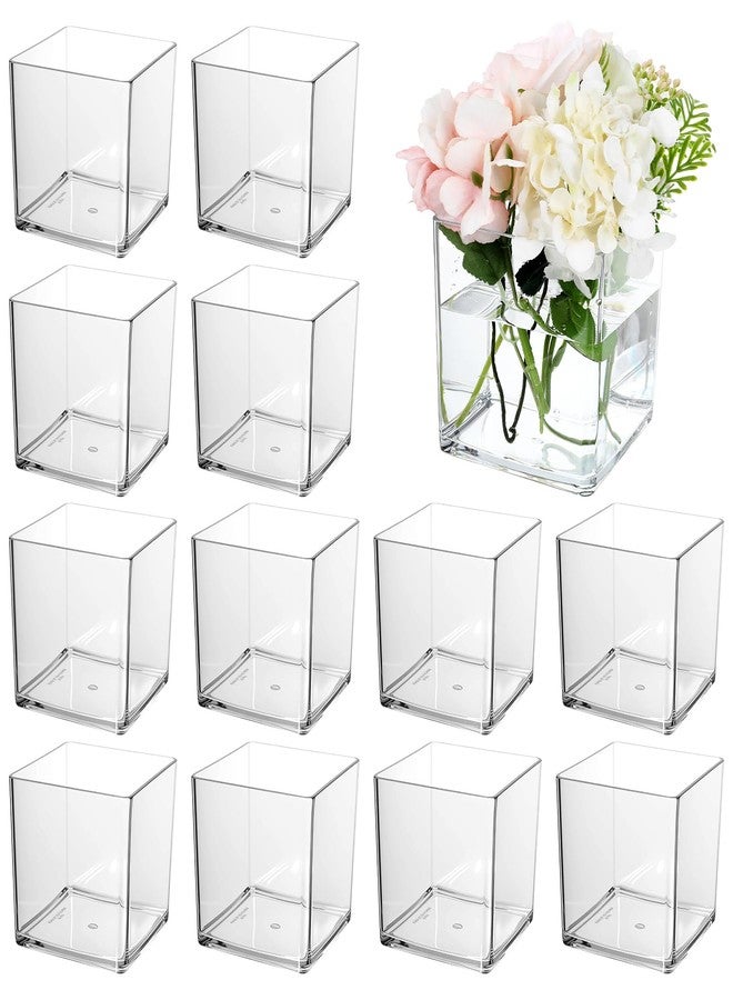 Yolev 12 Pcs Clear Square Vases Acrylic for Centerpieces-4'' x 4'' Cube Square Flower Vase Bulk, Plastic Vases Container for Flowers Centerpieces Office Home Table Wedding Floral Plant - Image 1