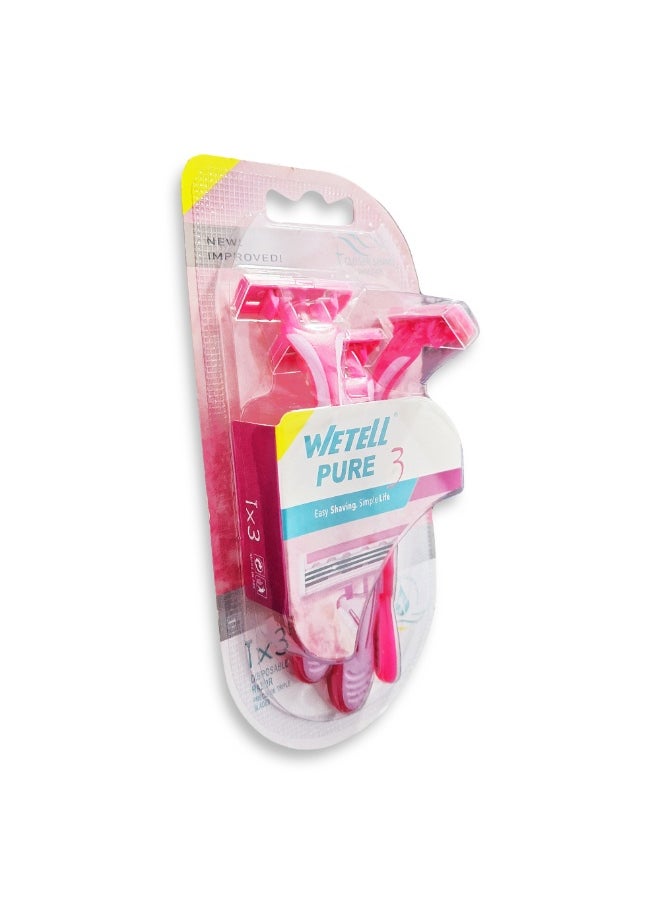 PURE 3 Women's Razor for Perfect Smoothness - 3 precision blades for longer-lasting results, a moisturizing strip enriched with aloe vera and vitamin E for a smooth shave without irritation, and an ergonomic design that moves smoothly with the curves of the body for a comfortable, closer, and smoother shave every time