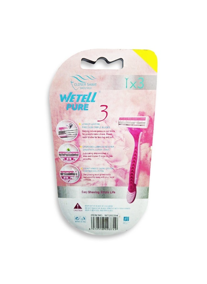 PURE 3 Women's Razor for Perfect Smoothness - 3 precision blades for longer-lasting results, a moisturizing strip enriched with aloe vera and vitamin E for a smooth shave without irritation, and an ergonomic design that moves smoothly with the curves of the body for a comfortable, closer, and smoother shave every time