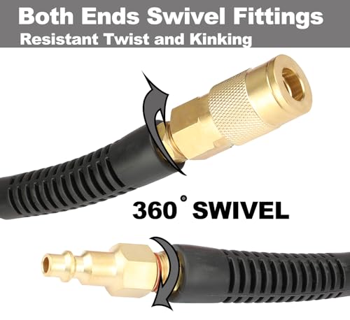 YOTOO Reinforced Polyurethane Air Hose 1/4" Inner Diameter by 100' Long, Flexible, Heavy Duty Air Compressor Hose with Bend Restrictor, 1/4" Swivel Industrial Quick Coupler and Plug, Gray - Image 3