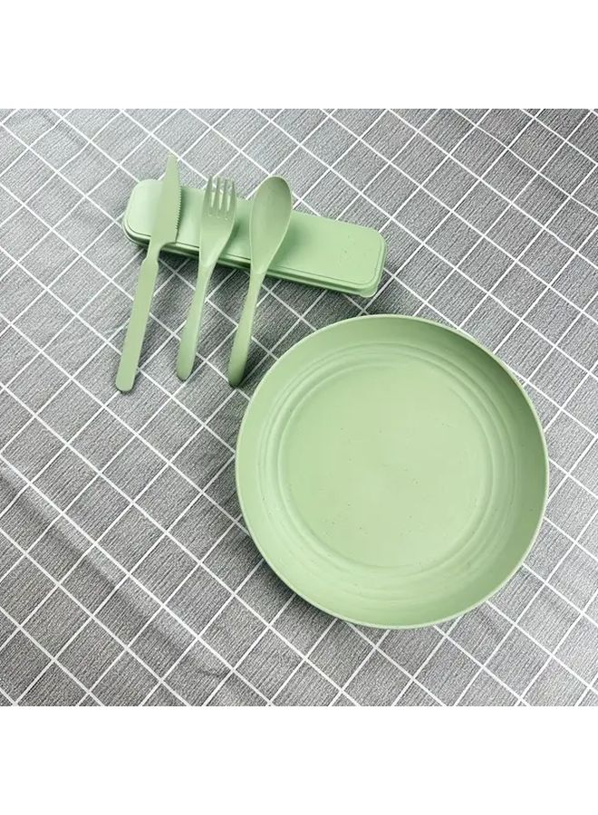 5 قطع مجموعة طعام خارجية خضراء محمولة مع سكين وشوكة وملعقة وصحن أدوات سفر قابلة لإعادة الاستخدام - Image 1