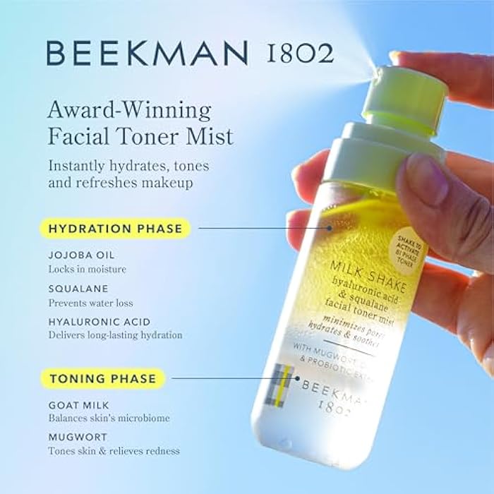 Beekman 1802 Milk Shake Mini Hydrating Face Mist - Hyaluronic Acid & Squalane Facial Mist Minimizes Pores & Gently Moisturizes, Goat Milk Skin Toner Spray, Lightweight, Fragrance Free, Travel Size - Image 2