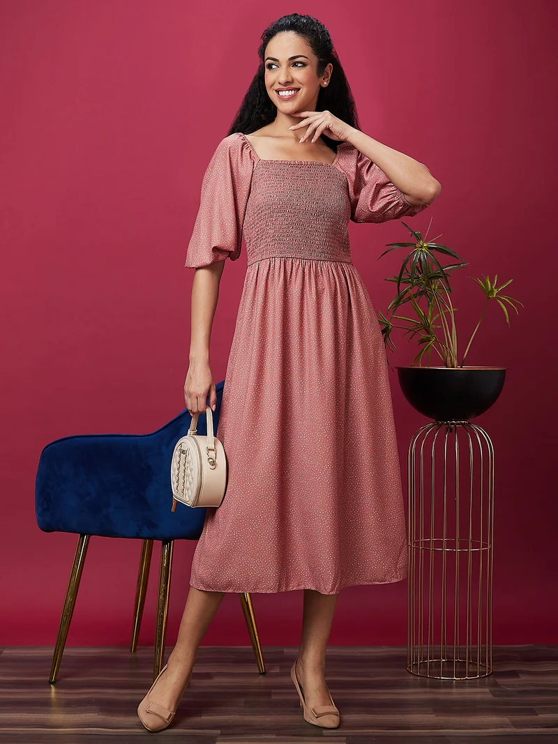 globus Women Abstract Printed Smocked A Line Dress