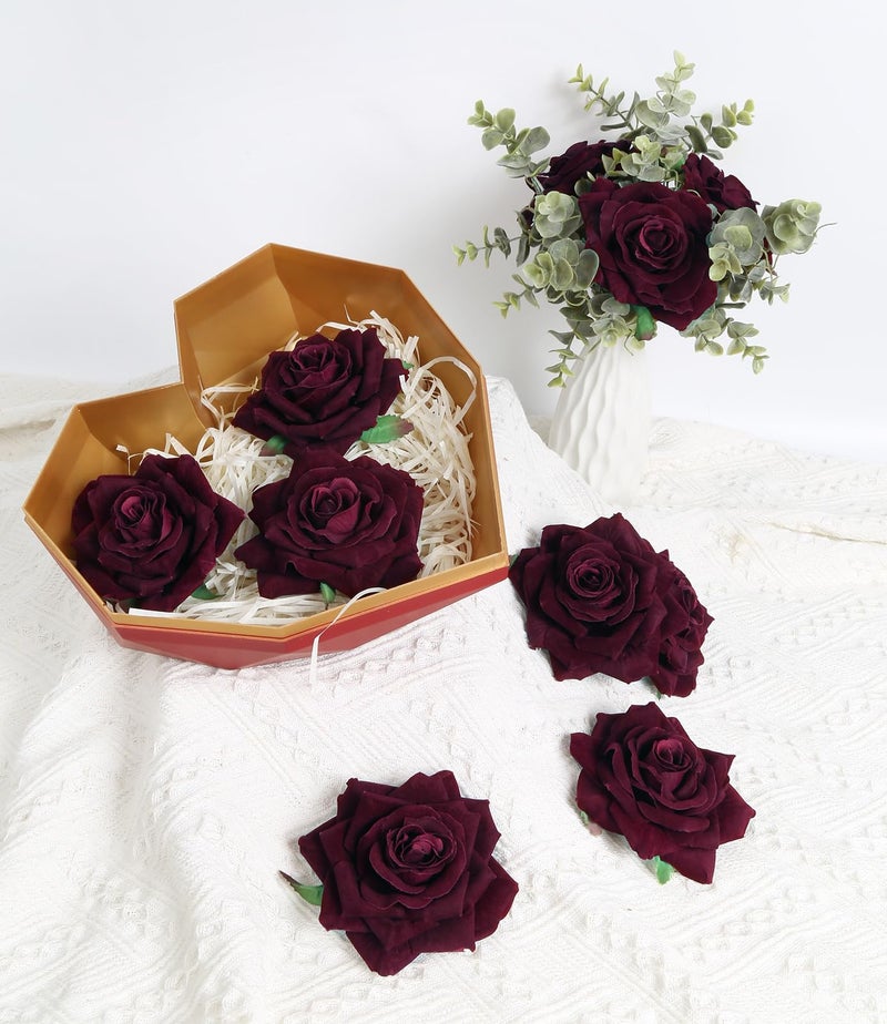 INSUNSIX Burgundy Roses 16pcs Artificial Velvet Roses Maroon Flowers 4.3" Burgundy Fake Flowers Dark Red Roses for Wedding Bouquet Flowers for Floral Centerpieces Home Party Decor (Burgundy) - Image 2
