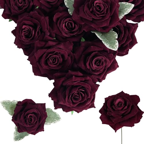 INSUNSIX Burgundy Roses 16pcs Artificial Velvet Roses Maroon Flowers 4.3" Burgundy Fake Flowers Dark Red Roses for Wedding Bouquet Flowers for Floral Centerpieces Home Party Decor (Burgundy) - Image 1