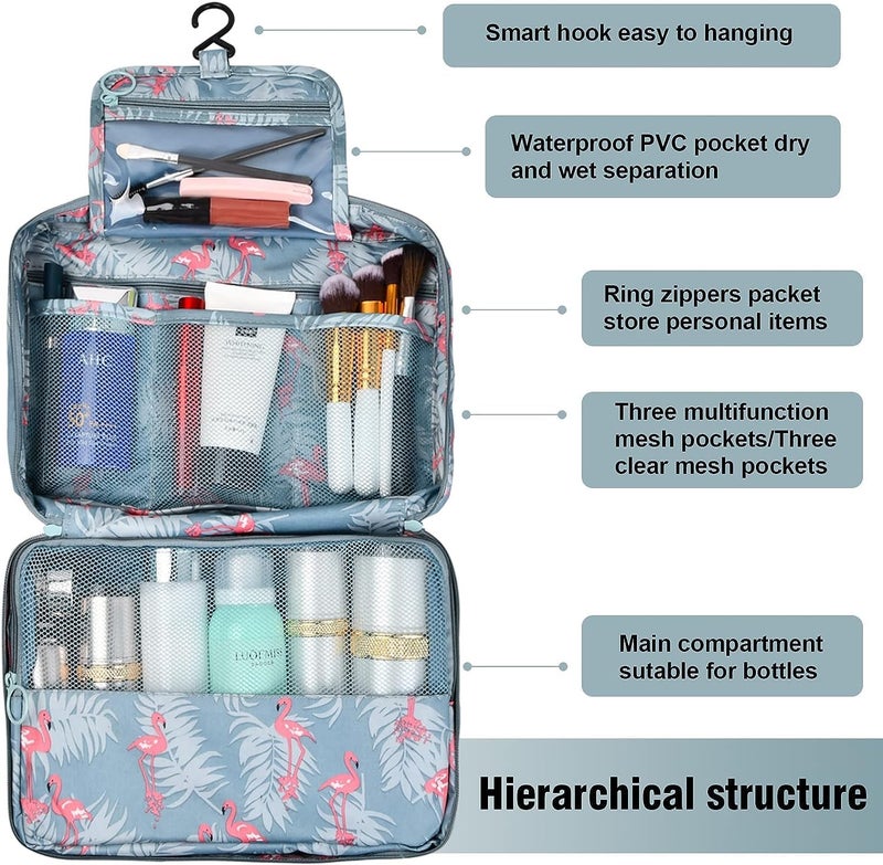STESHWK Portable Cosmetic Makeup Travel Organizer and Women Toiletry Bag with Cosmetic Makeup Pouch for Flamingo Makeup Carry Case Travel Kit for Girl Inner Ware Organizer Blue - Image 3