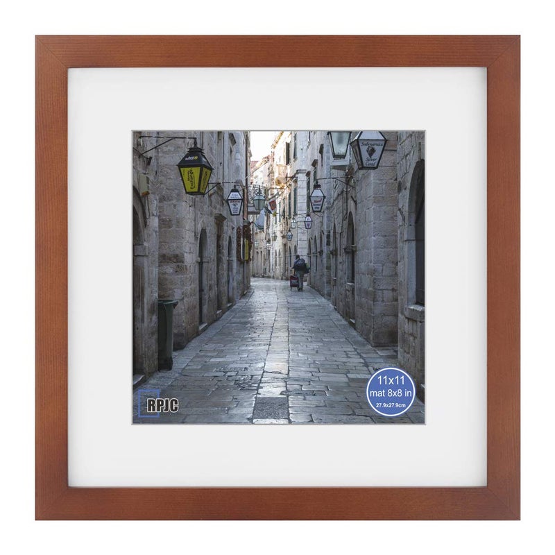 RPJC 11x11 inch Picture Frame Made of Solid Wood and High Definition Glass Display Pictures 8x8 with Mat or 11x11 Without Mat for Wall Mounting Photo Frame Brown