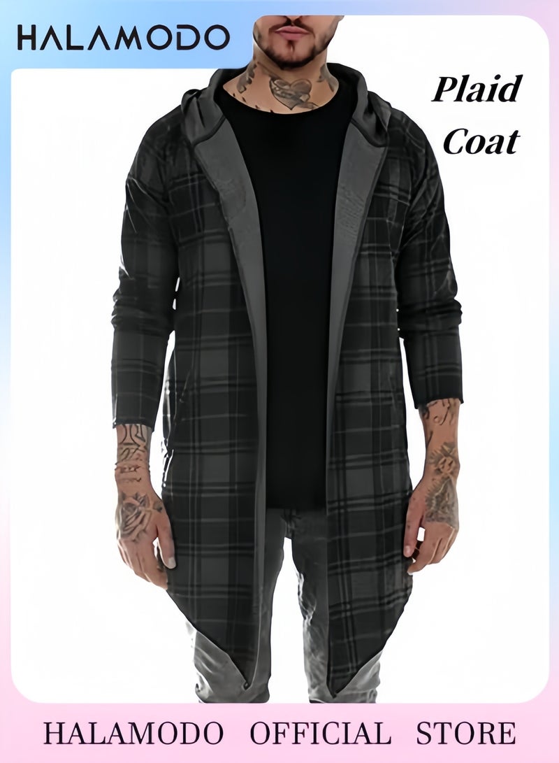 هالامودو سترة واقية من الرياح غير رسمية للرجال متوسطة إلى طويلة سترة واقية من الرياح بمقاس عادي سترة طويلة بغطاء للرأس وأكمام طويلة ملابس خارجية مع جيوب معطف منقوش - Image 1