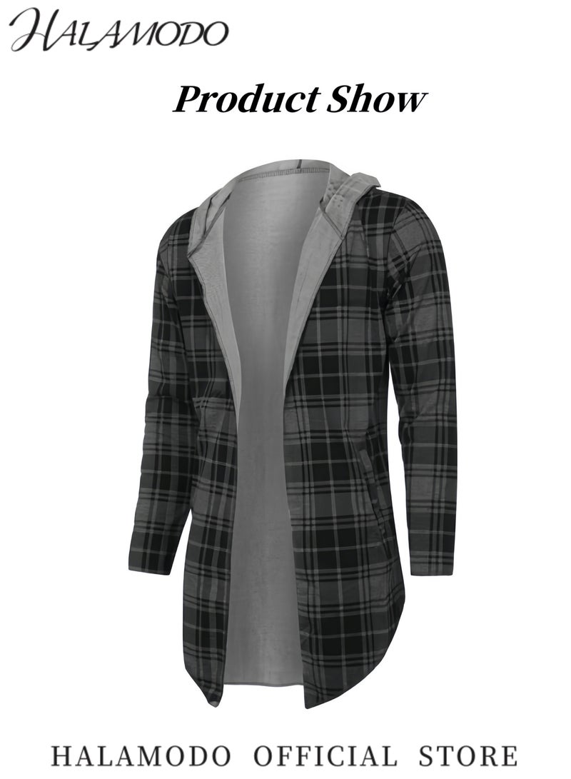 هالامودو سترة واقية من الرياح غير رسمية للرجال متوسطة إلى طويلة سترة واقية من الرياح بمقاس عادي سترة طويلة بغطاء للرأس وأكمام طويلة ملابس خارجية مع جيوب معطف منقوش - Image 2