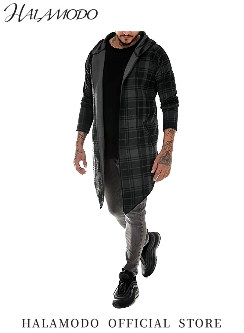 هالامودو سترة واقية من الرياح غير رسمية للرجال متوسطة إلى طويلة سترة واقية من الرياح بمقاس عادي سترة طويلة بغطاء للرأس وأكمام طويلة ملابس خارجية مع جيوب معطف منقوش - Image 4