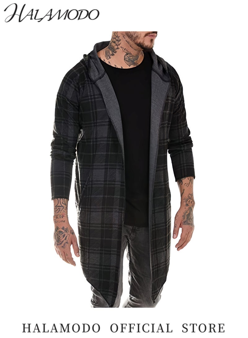 هالامودو سترة واقية من الرياح غير رسمية للرجال متوسطة إلى طويلة سترة واقية من الرياح بمقاس عادي سترة طويلة بغطاء للرأس وأكمام طويلة ملابس خارجية مع جيوب معطف منقوش - Image 5