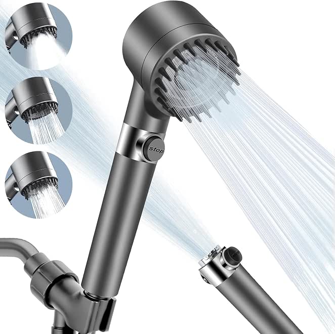 Necomi High Pressure Shower Head, Filtered Shower Head, 3-Settings Handheld Showerhead with On Off Switch, Multifunctional Massage Shower with Hose and Bracket (Grey)