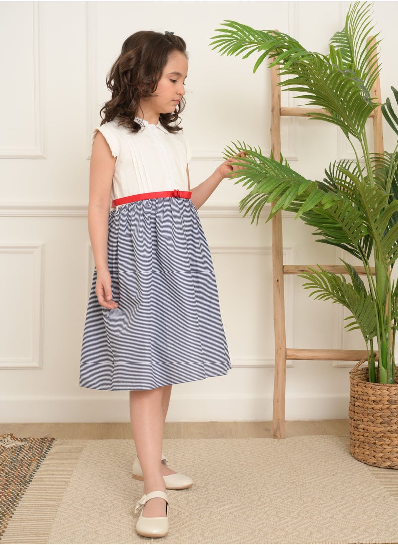 FULL JOY An  elegant and Beautiful Girls' Dress with a belt on waist  , White-Blue  - Image 1