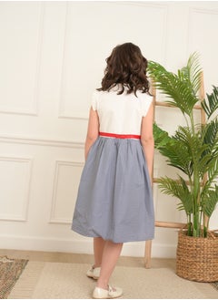 FULL JOY An  elegant and Beautiful Girls' Dress with a belt on waist  , White-Blue  - Image 3