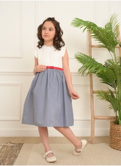 FULL JOY An  elegant and Beautiful Girls' Dress with a belt on waist  , White-Blue  - Image 2