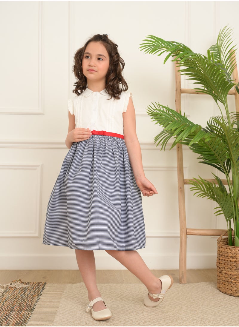 FULL JOY An  elegant and Beautiful Girls' Dress with a belt on waist  , White-Blue  - Image 2