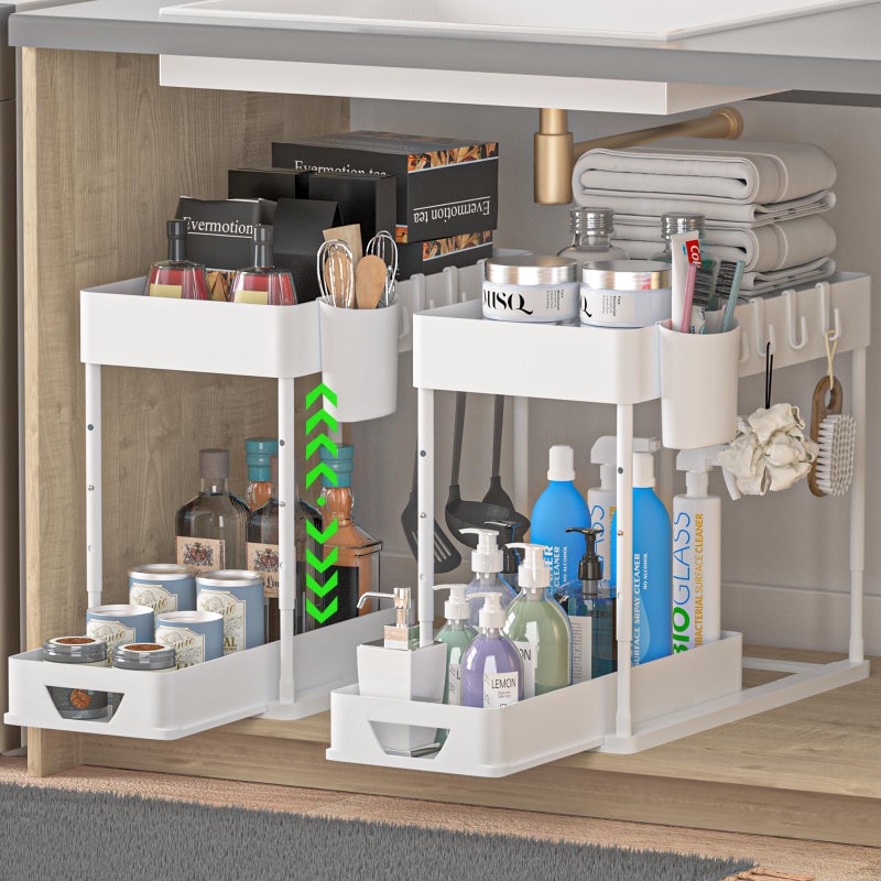 HI NINGER 2 Pack Adjustable Height Under Sink Organizers and Storage 2Tier Bathroom Organizer Under SinkMultifunction Kitchen Under Sink Organizer with 8 Hooks and 2 Hanging Cups and16Nonslip mat
