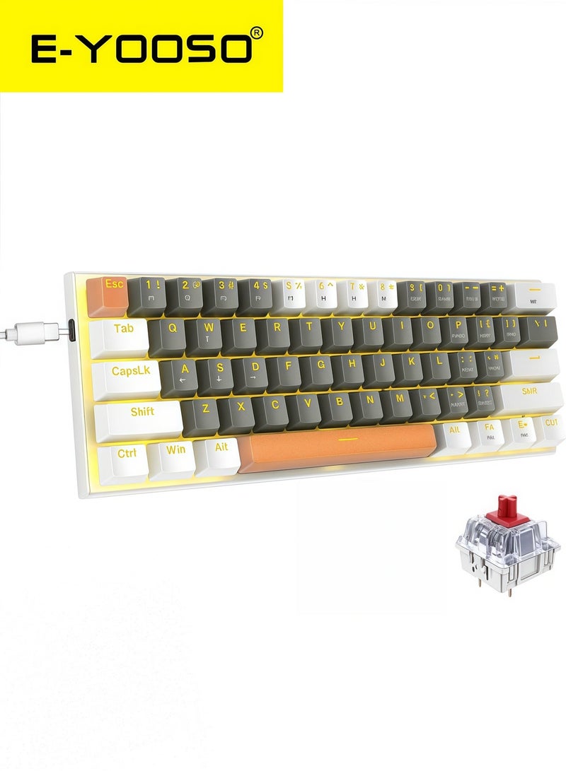 E-YOOSO Z-11 60% Mechanical Gaming Keyboard,Red Switch 61 Keys Wired Compact Keyboard,Yellow Backlit and Metal Panel for Windows,Mac OS-Grey White - Image 1